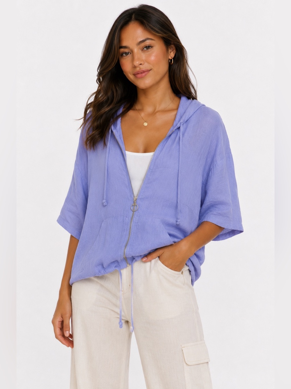 Pistache 100% Linen Hoodie Jacket – Soft Periwinkle, Made in Italy (Size S)